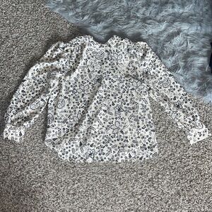 LOFT Black and White Floral Blouse with Back Neck Tie